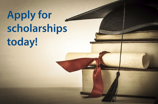 A stack of books and a graduation hat with the text "apply for scholarships today"