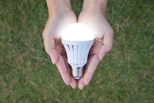 Hands hold energy-saving lightbulb
