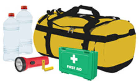 First aid kit with water and flashlight