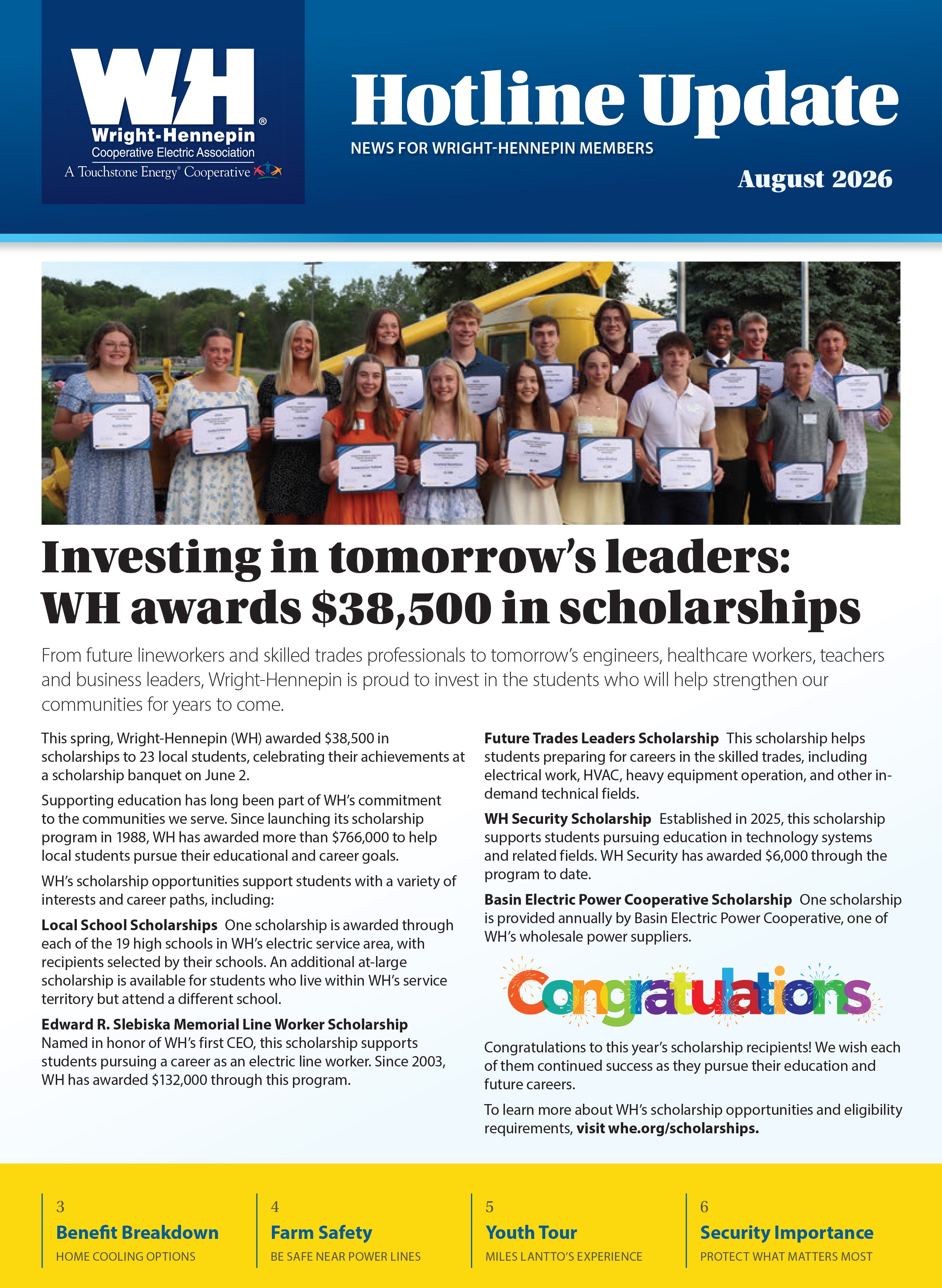 Front Page of Hotline Update - August 2026 edition. Issue contains story about Wright-Hennepin-awarded scholarships