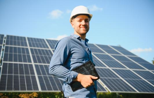 Contractor standing in front of solar panels. 